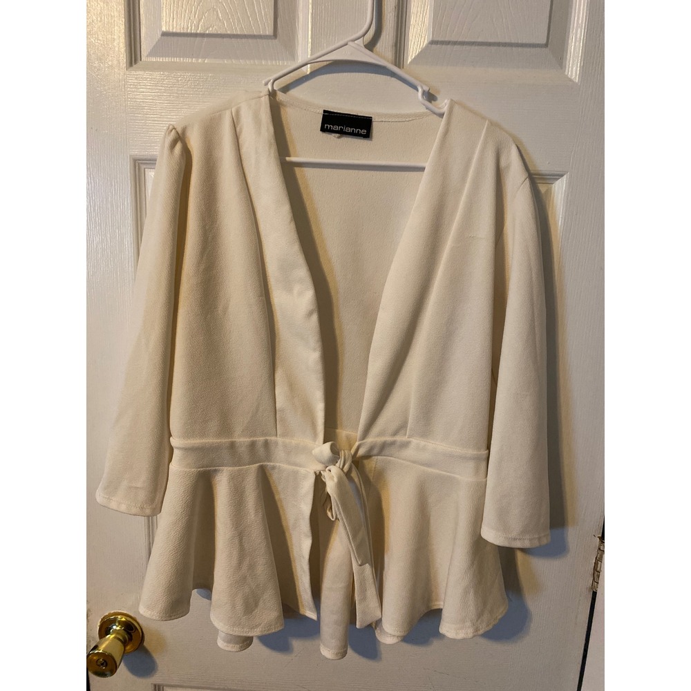 Marianne White Peplum Tie Front Wrap Top V-Neck 3/4 Sleeve Blouse Plus Size 1X